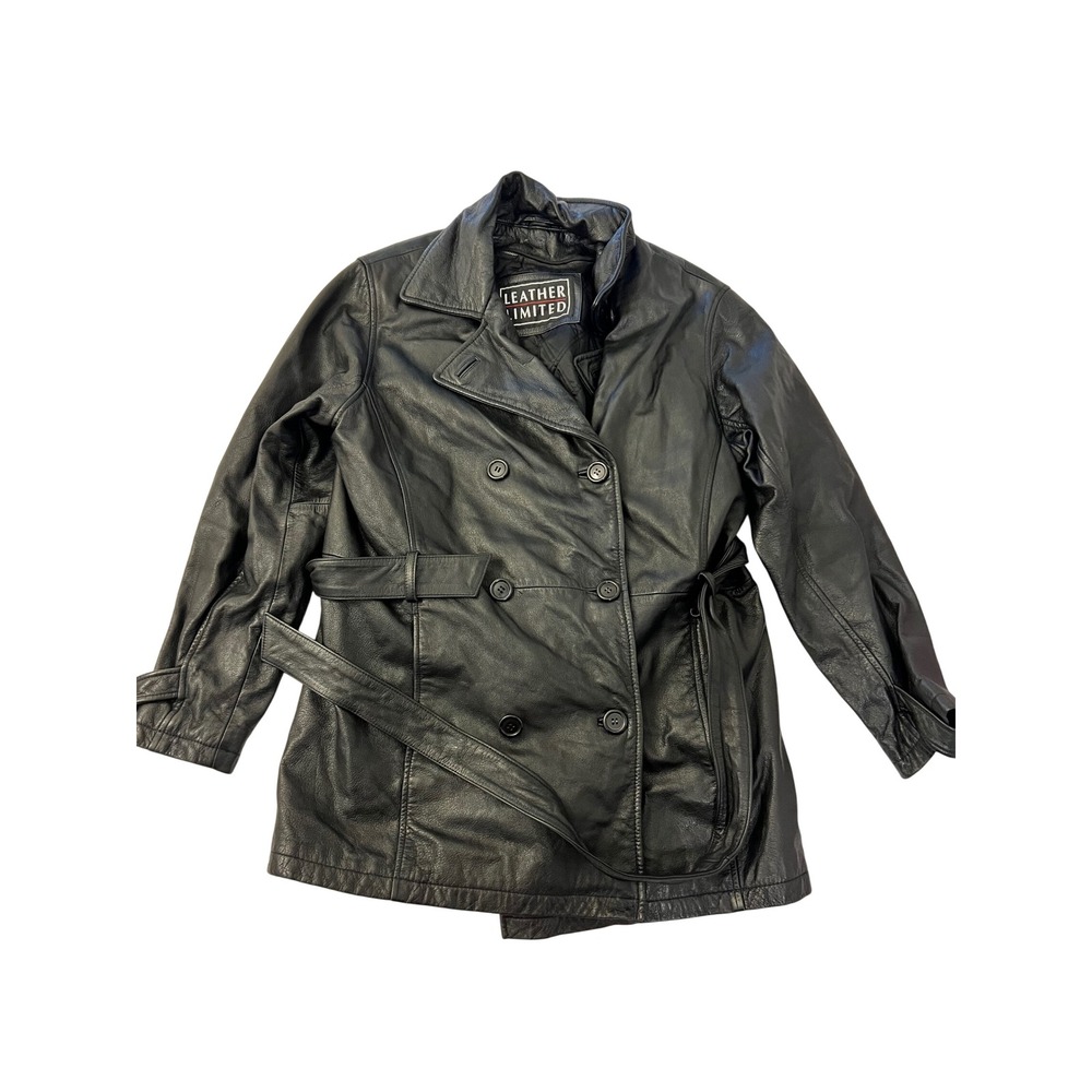 Leather Limited Womens Black Leather Belted Double Breasted Trench Coat Medium